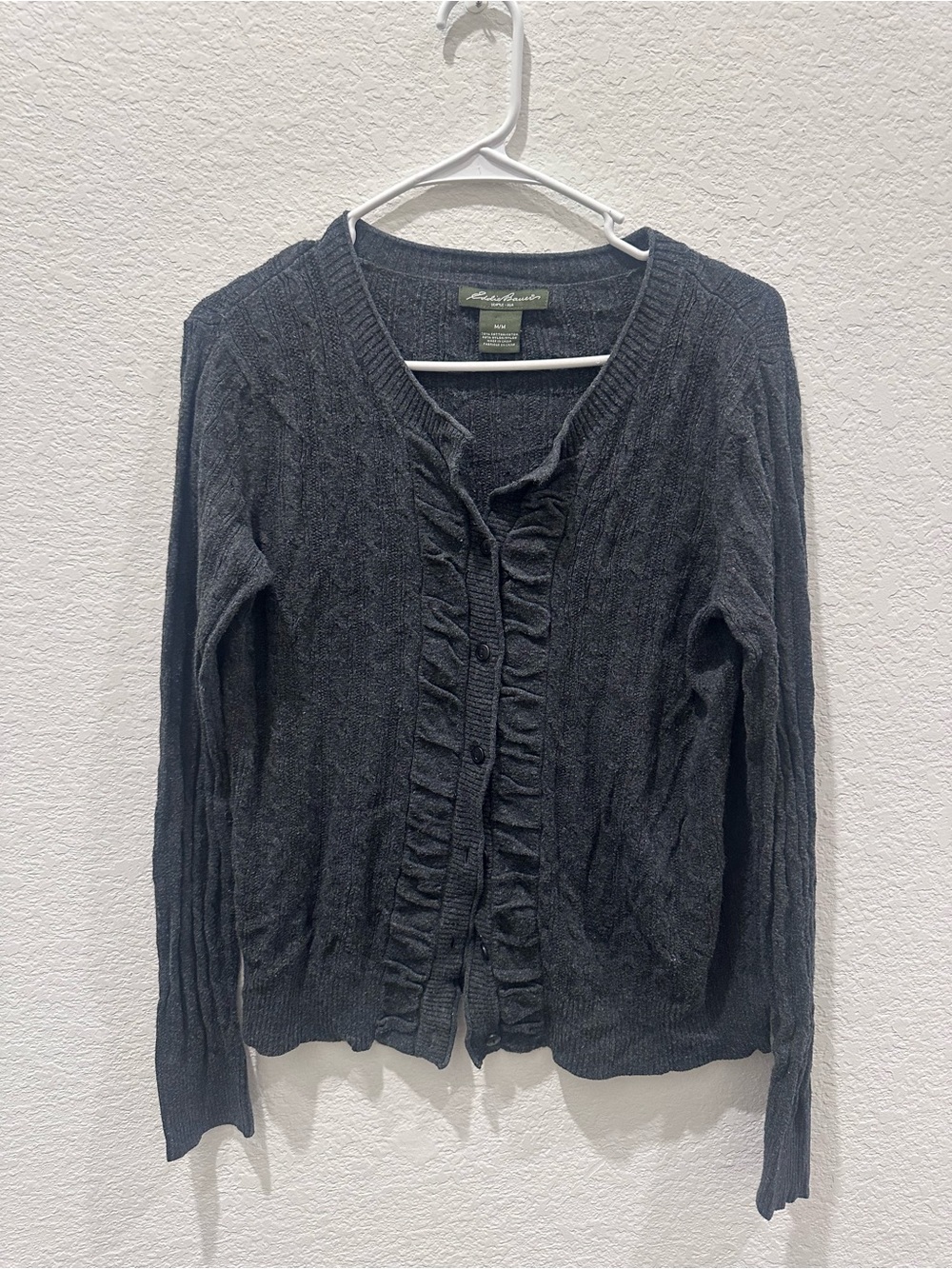 Eddie Bauer Womens Gray Cable Knit Ruffle Button Front Cardigan Sweater Medium